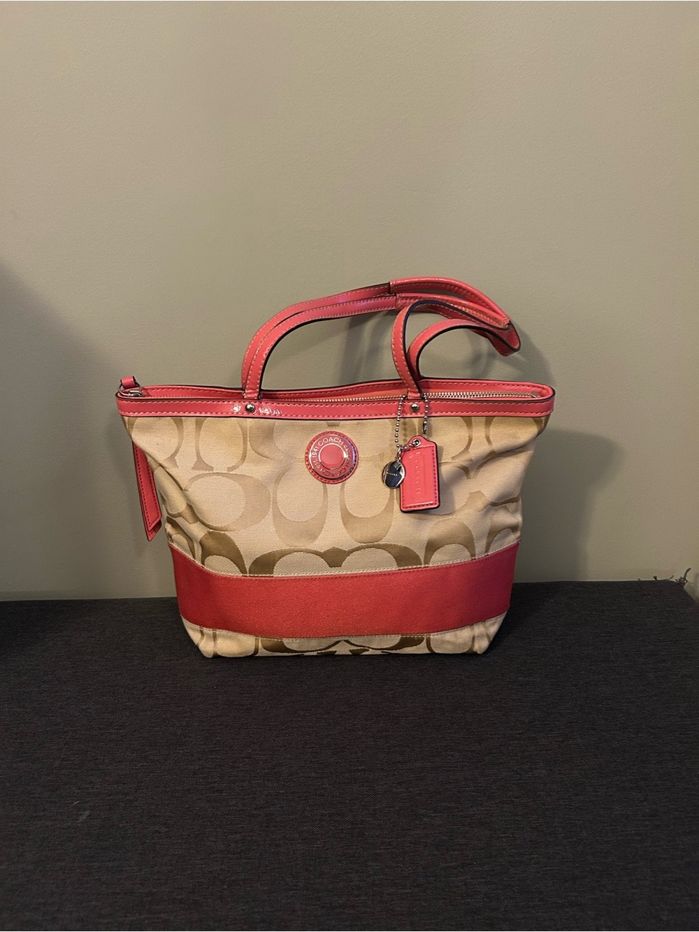 Coach Beige Signature Canvas Bag with Pink Trim